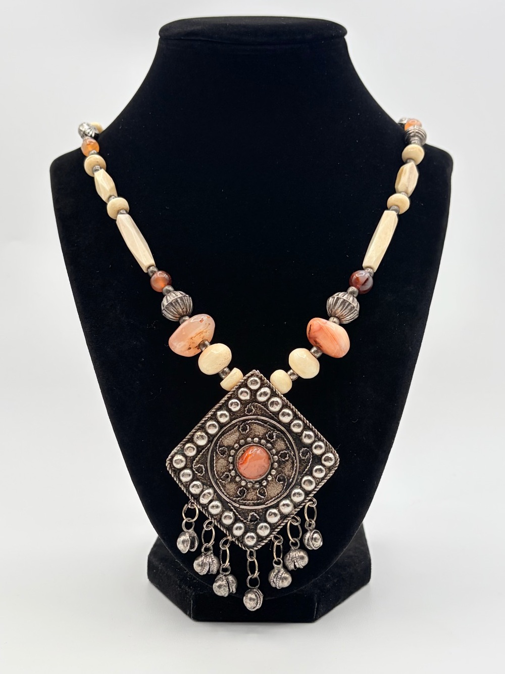 Vintage Boho Pendant Necklace with Orange and Cream Beads